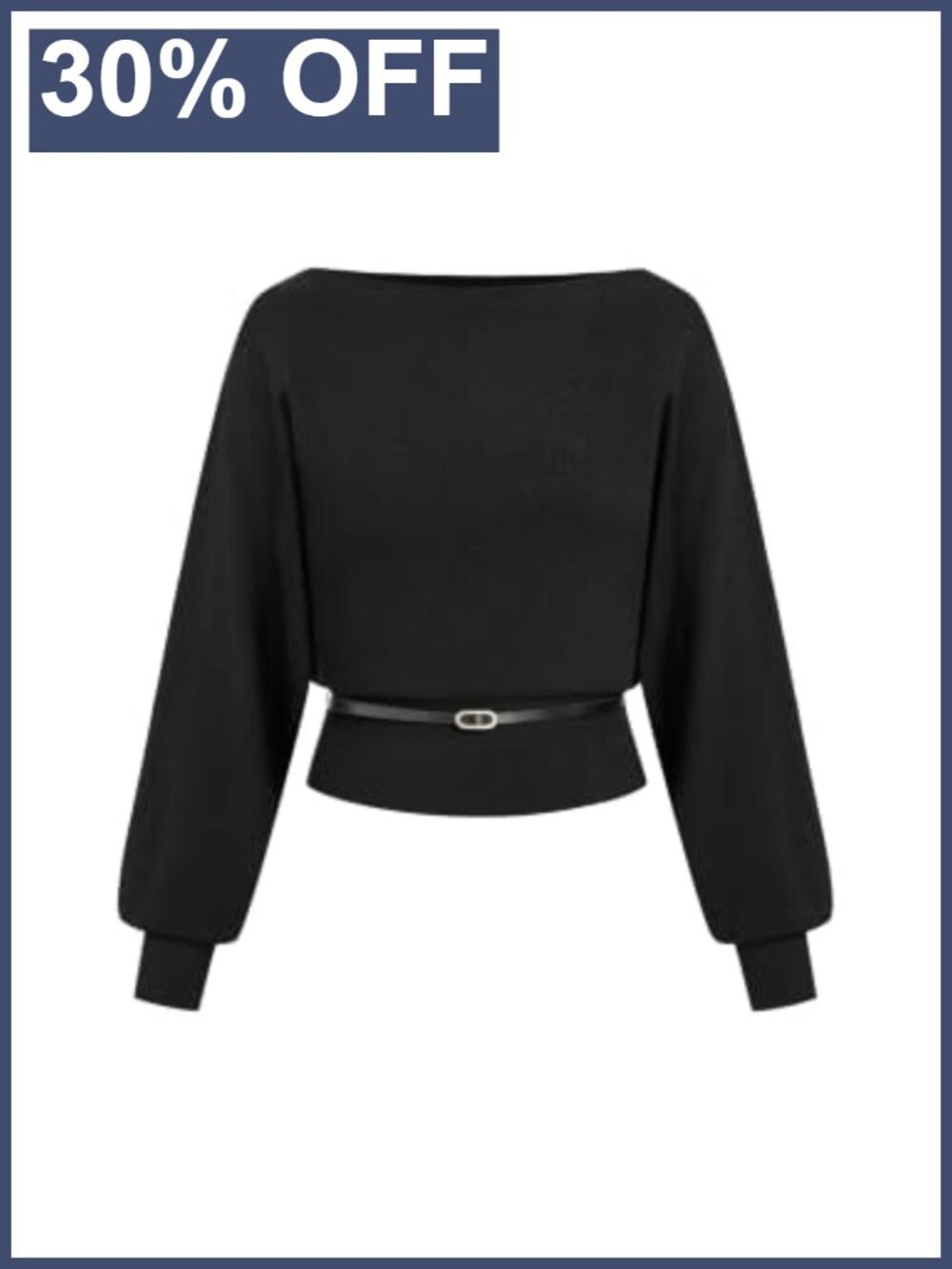 Cropped Knit Sweater Boat Neck Belted Pullover